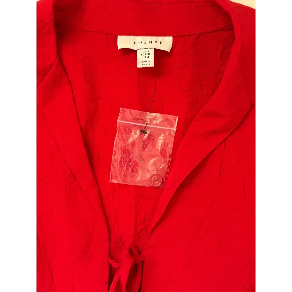 Topshop Red Crinkle Tie Front Blouse Long Sleeve‎ V-Neck Top US 4